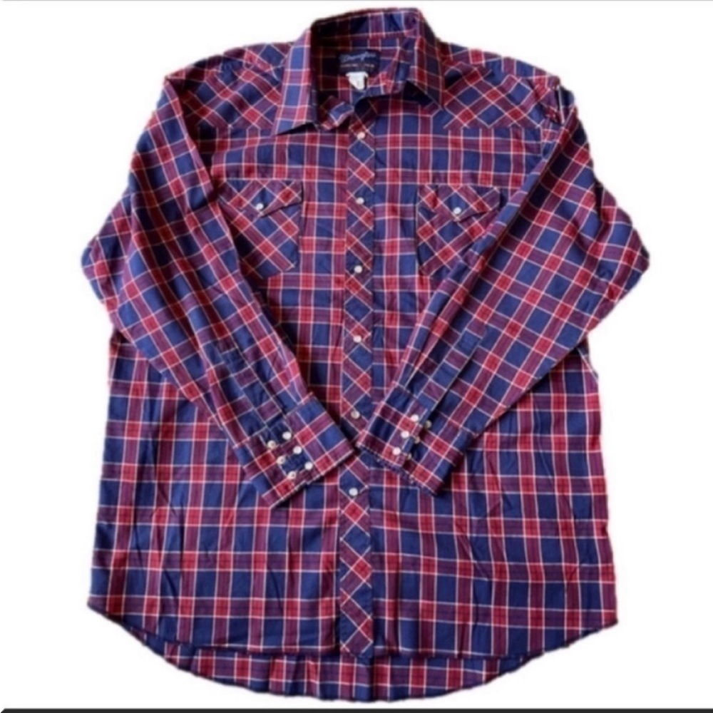 Wrangler Mens 2XLT Vintage 80’s Red and Blue
Plaid Western Long Sleeve Shirt